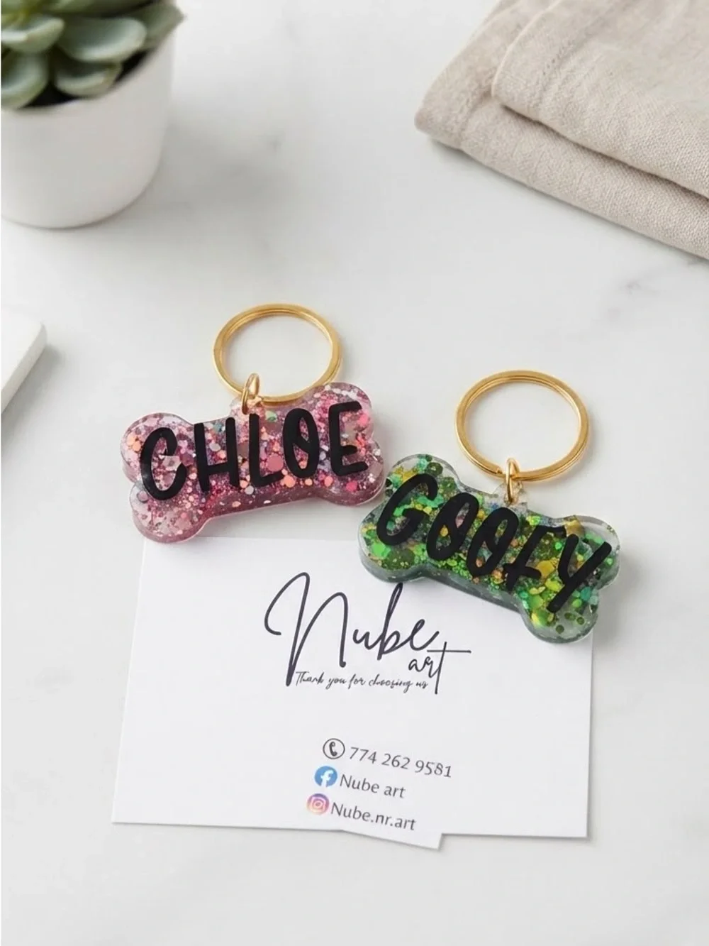 Personalized Glitter Dog Bone Keychain - Pink & Green